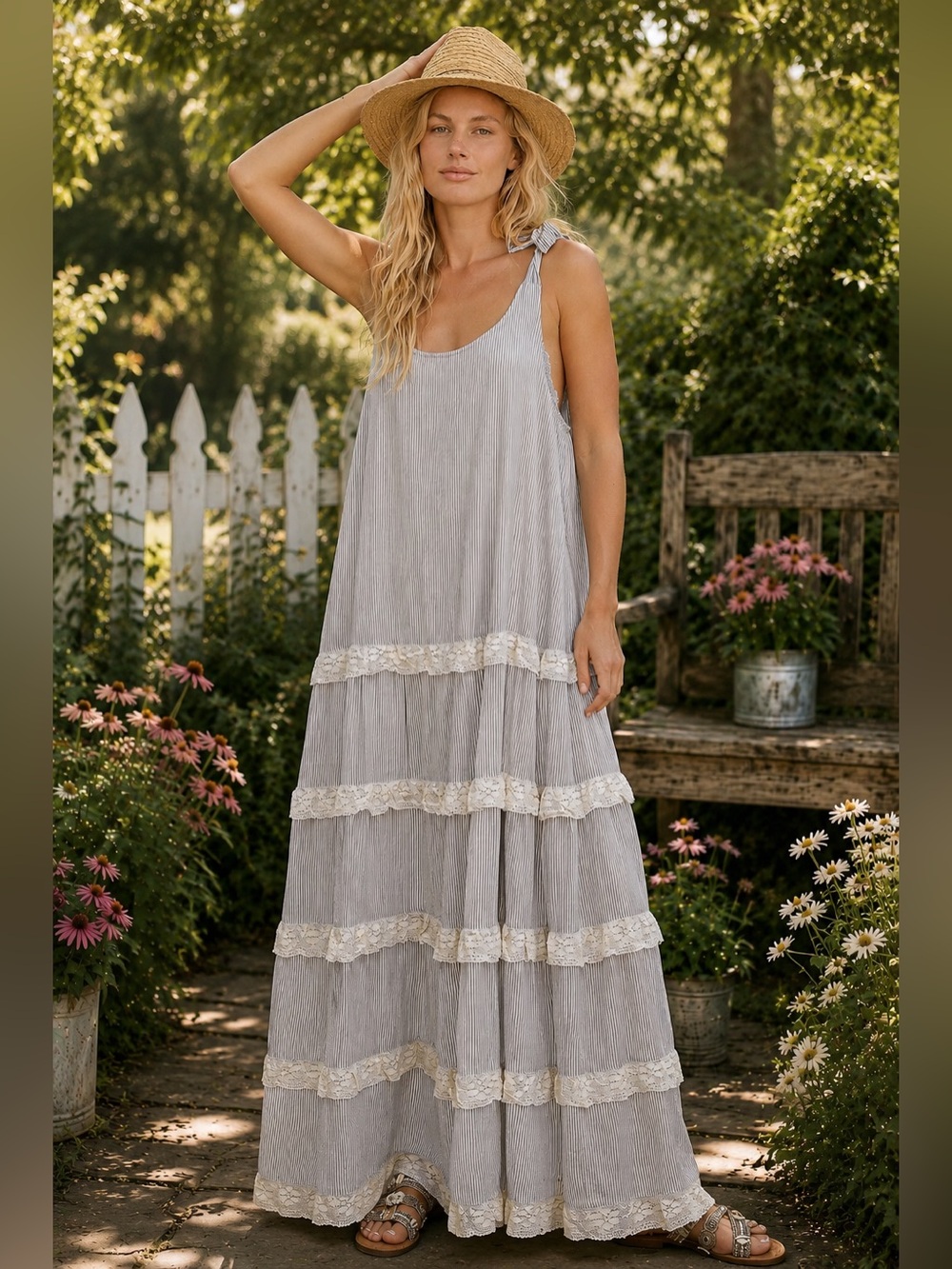 Blue Striped Tiered Lace Trim Maxi Dress L